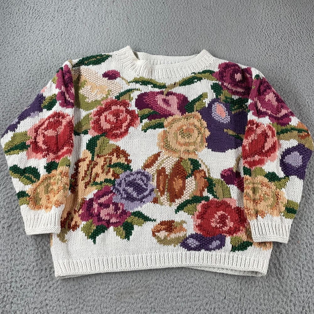 Vintage‎ Cullinane Hand Knit Women's Small Sweater Cotton Ramie Floral Flowers
